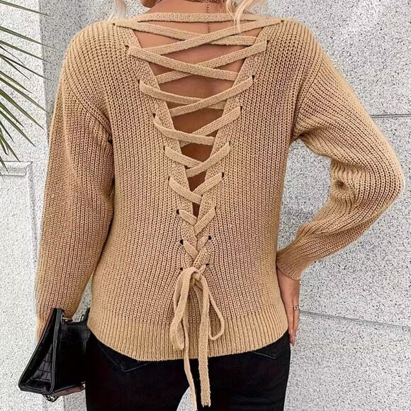 Elegant Plus Size Lace-up Back Deep V-Neck Knit Pullover Sweater Size 2X - Picture 1 of 4